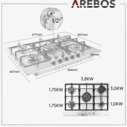 Arebos Gaskochfeld 68cm 5 Brenner Clearance