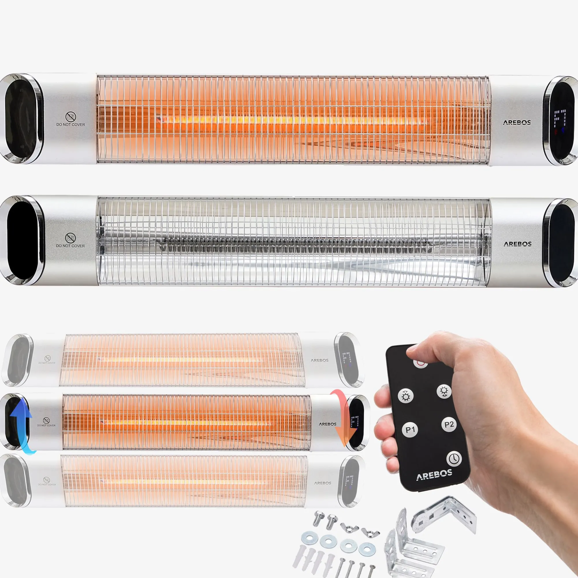 Arebos Infrarot Heizstrahler 2000W mit Fernbedienung Premium Silber