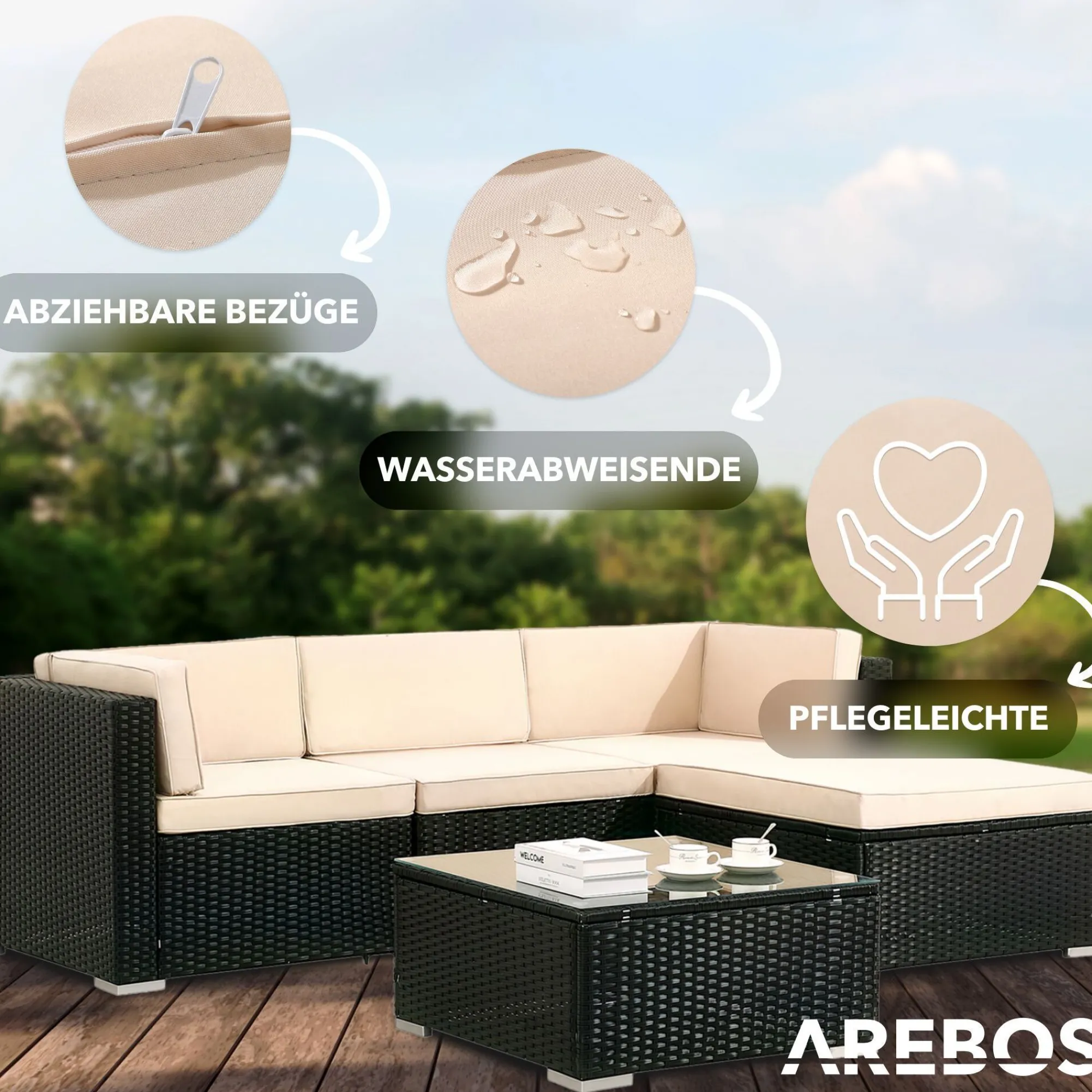Arebos Polyrattan - Sitzgruppe "Palma" Schwarz New