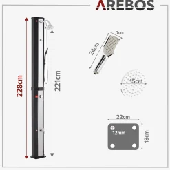 Arebos Solardusche 60L mit Handbrause und Themometer schwarz/silber Hot