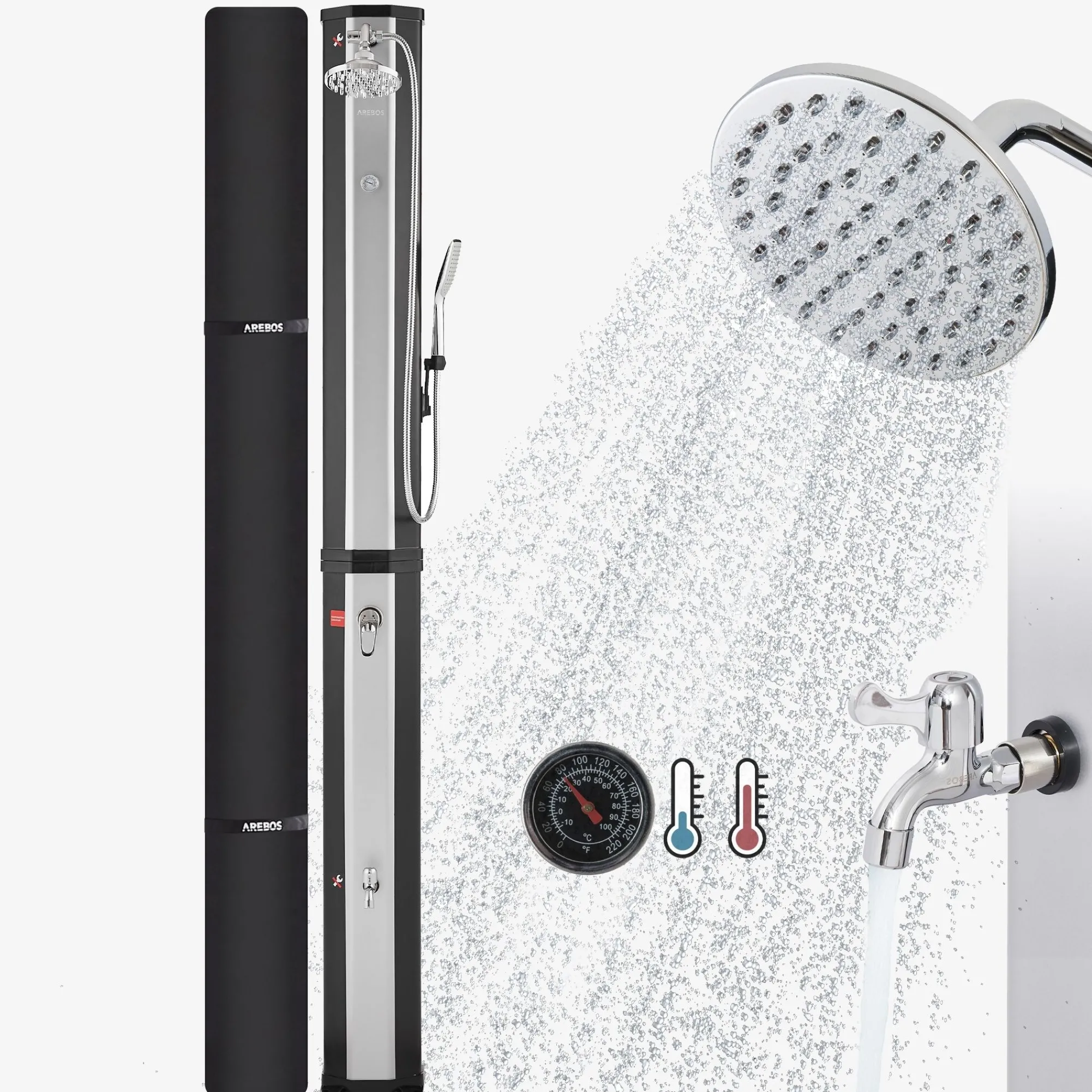 Arebos Solardusche 60L mit Handbrause und Themometer schwarz/silber Hot