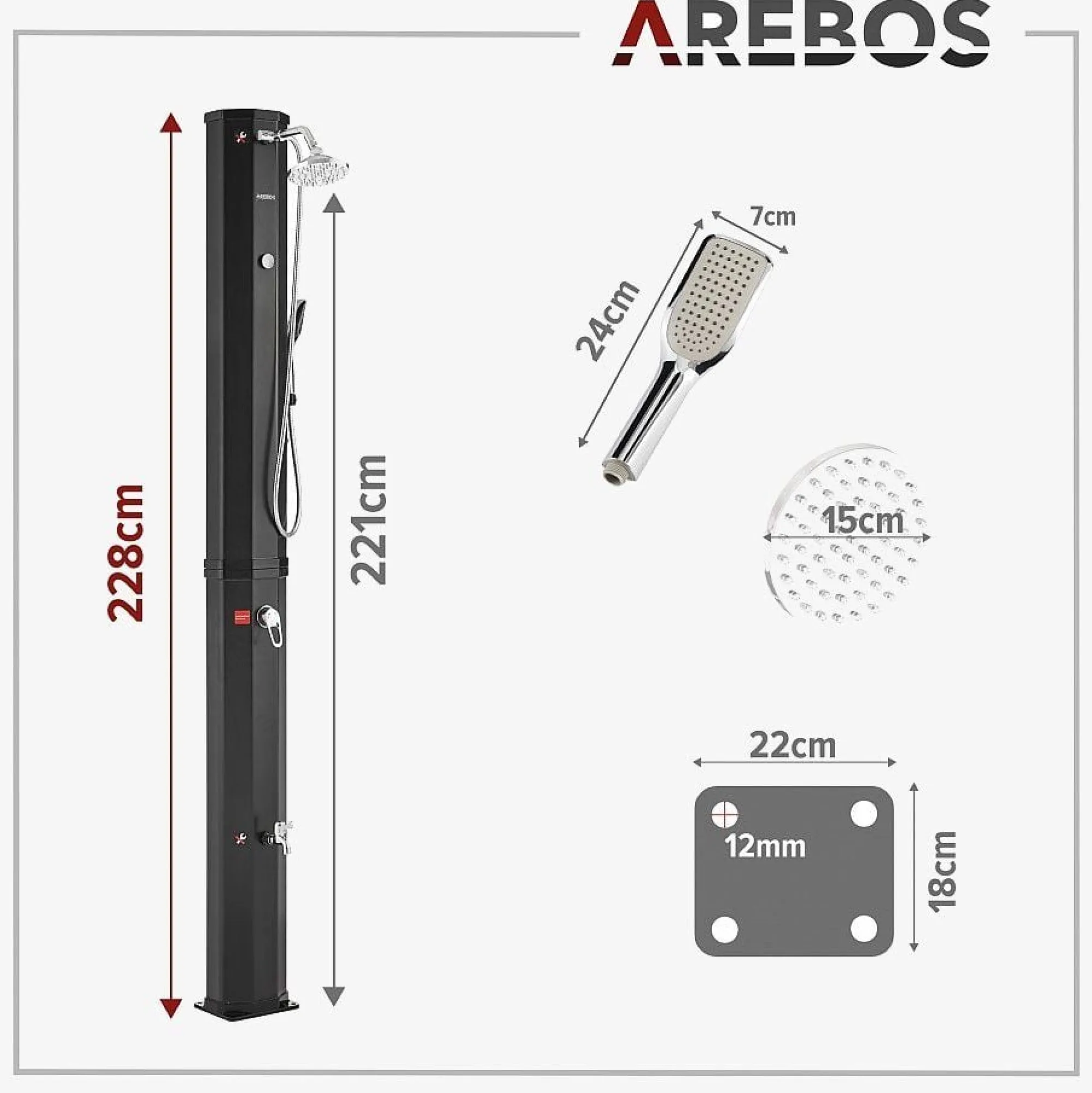 Arebos Solardusche 60L mit Thermometer und Handbrause schwarz