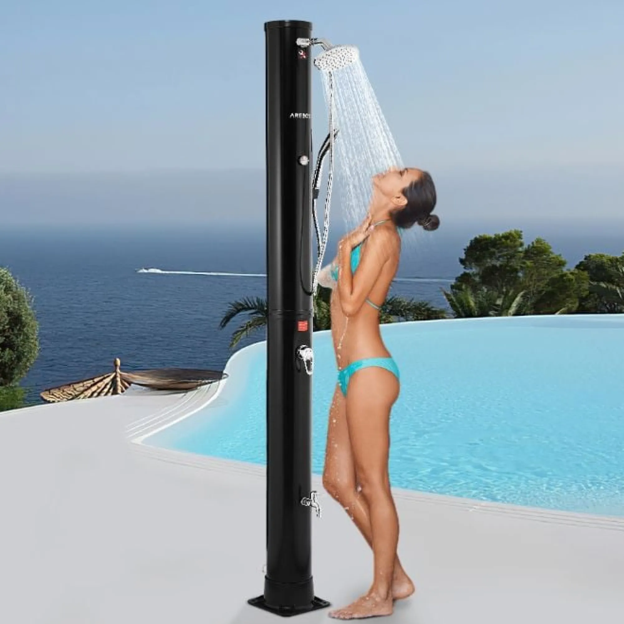 Arebos Solardusche 60L mit Thermometer und Handbrause schwarz