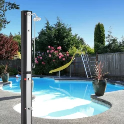 Arebos Solardusche 60L mit Thermometer und Handbrause schwarz-silber mit Bodenplatte Anthrazit Clearance