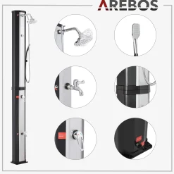 Arebos Solardusche 60L mit Thermometer und Handbrause schwarz-silber mit Bodenplatte Anthrazit Clearance
