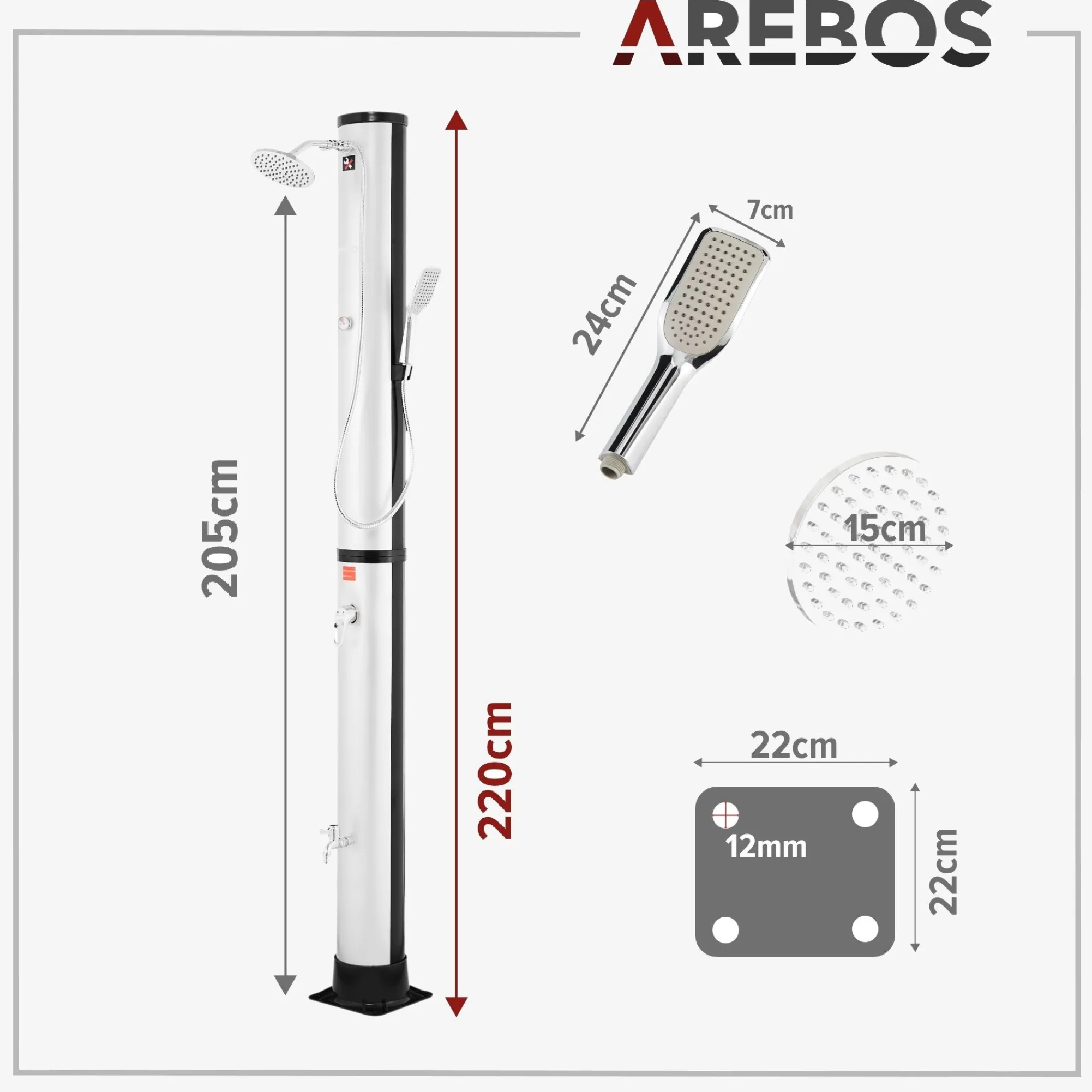 Arebos Solardusche 40L mit Thermometer, Handbrause & Bodenelement Anthrazit Outlet