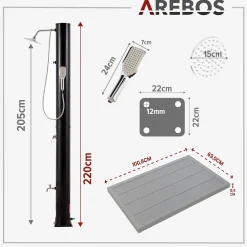 Arebos Solardusche 40L Premium Schwarz - Bodenelement Anthrazit New