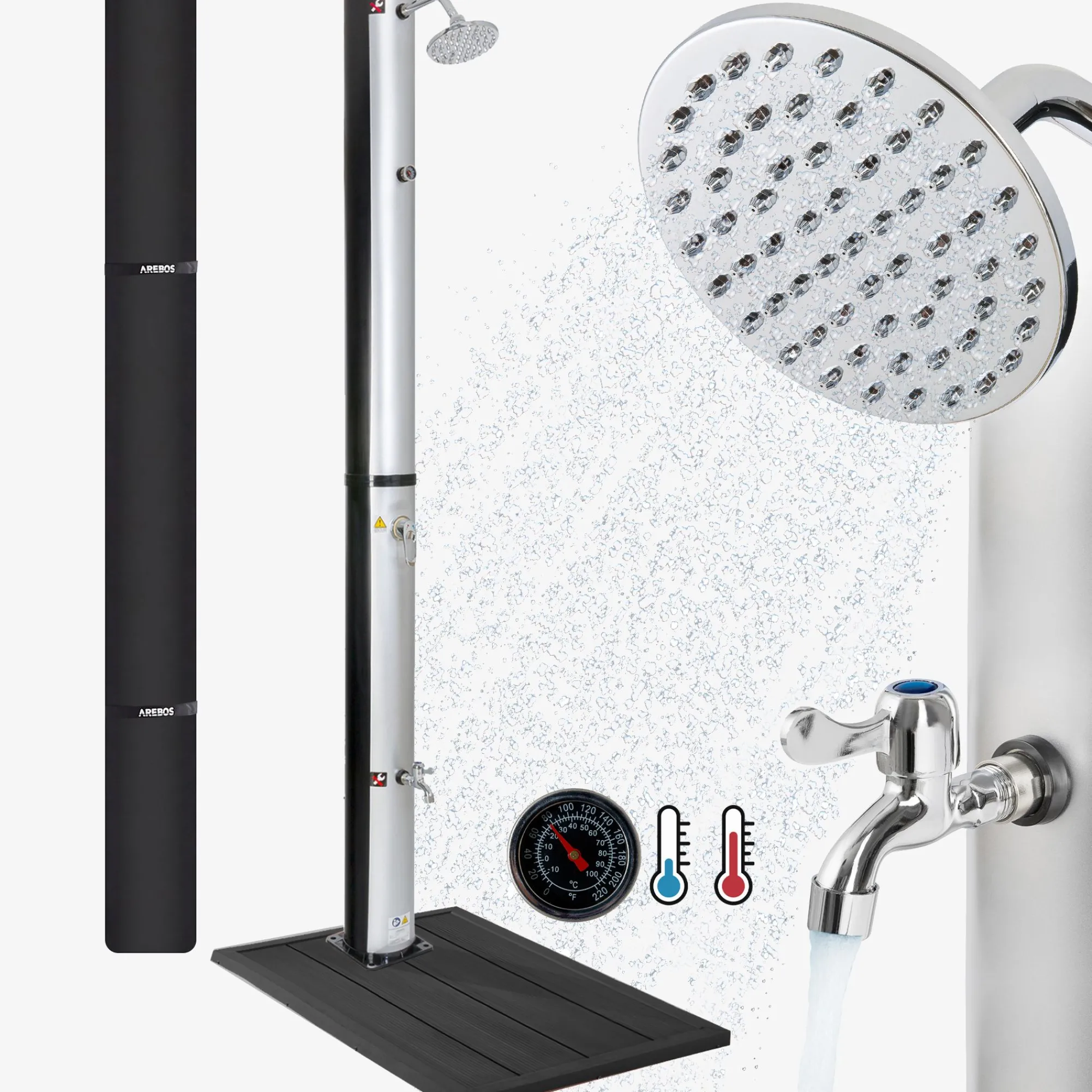 Arebos Solardusche 37L Silber rund - Bodenelement Anthrazit Discount
