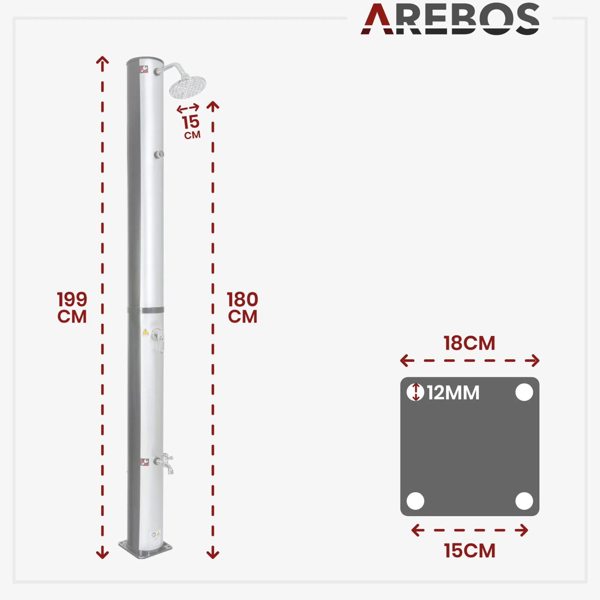 Arebos Solardusche 37L silber - rund - mit Thermometer Hot