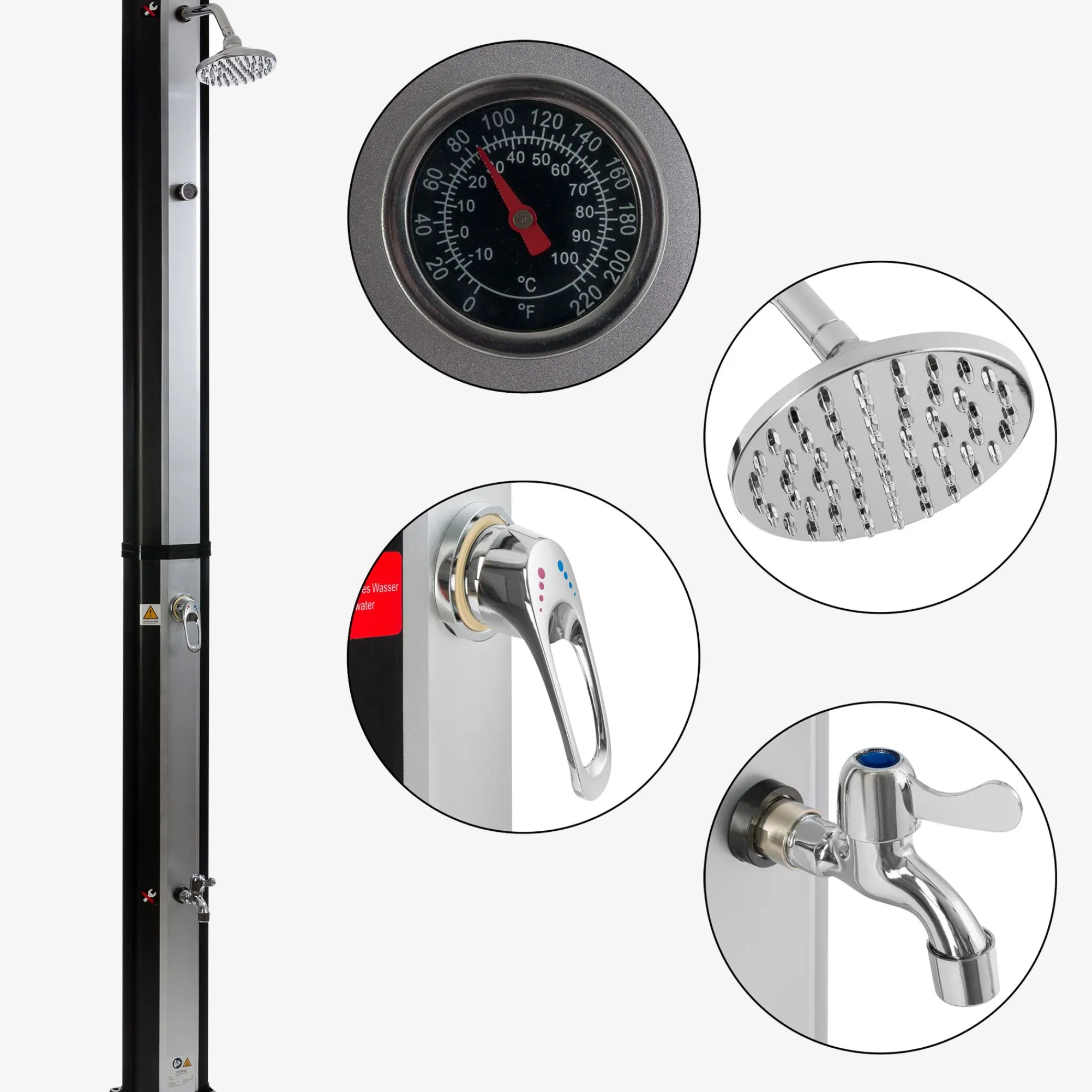 Arebos Solardusche 35L silber/schwarz mit Thermometer Hot
