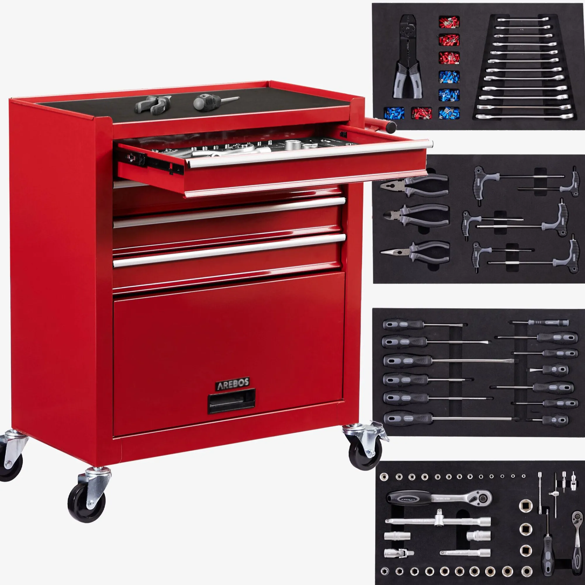 Arebos Werkzeugwagen - 4 Fächer inkl. Werkzeug Hot